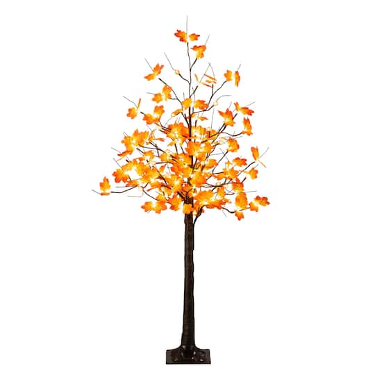 5Ft Pre-Lit Minimalist Autumn Maple Artificial Fall Tree W/ 96 LED Warm White, Orange Pumpkin Shaped Lights By Nearly Natural , 36" x 36" x 60" ,